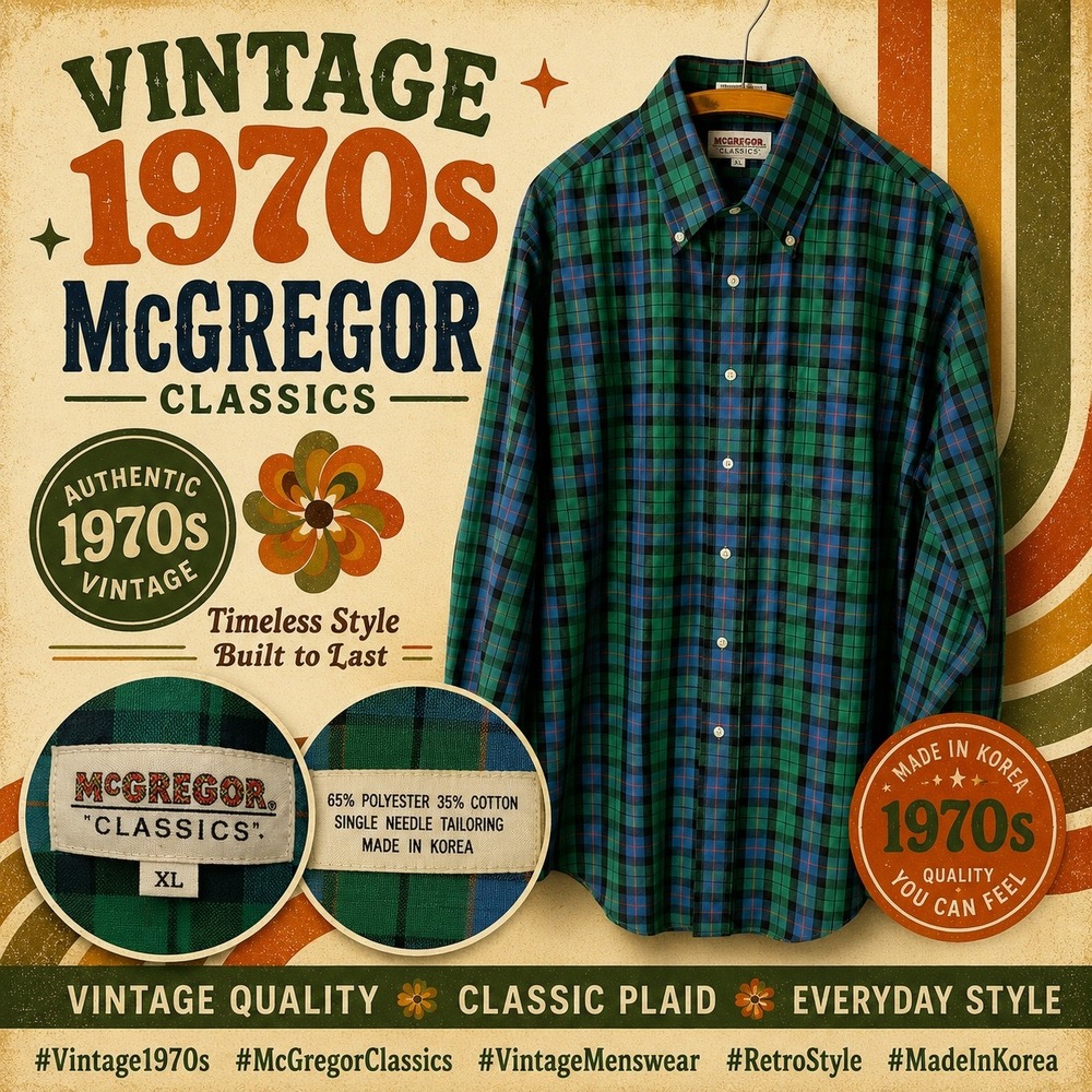 Vintage 1970s McGregor Classics Plaid Button Down Shirt Green Blue Mens XL
